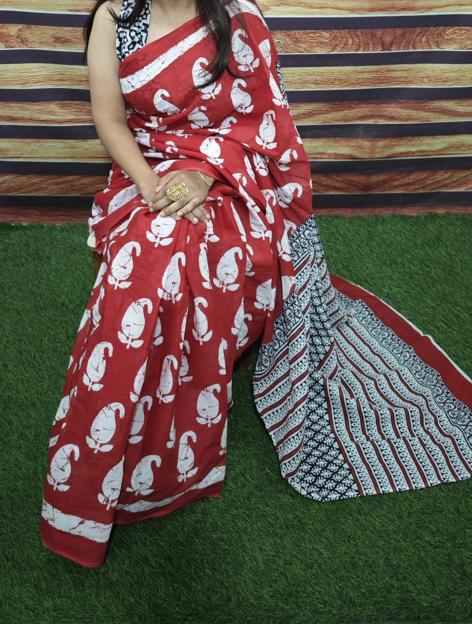Premium Jaipur Cotton Mulmul Saree with Traditional Handblock Print