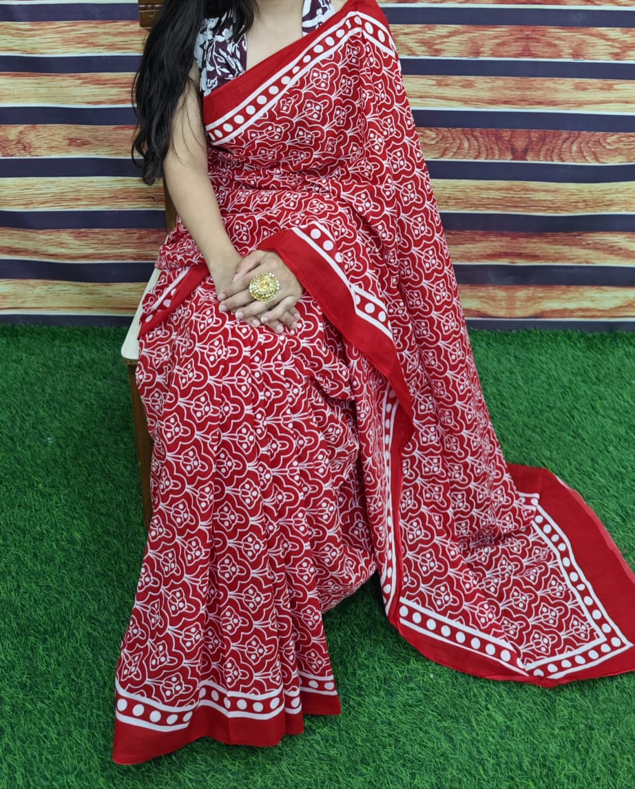 Premium Jaipur Cotton Mulmul Saree with Traditional Handblock Print