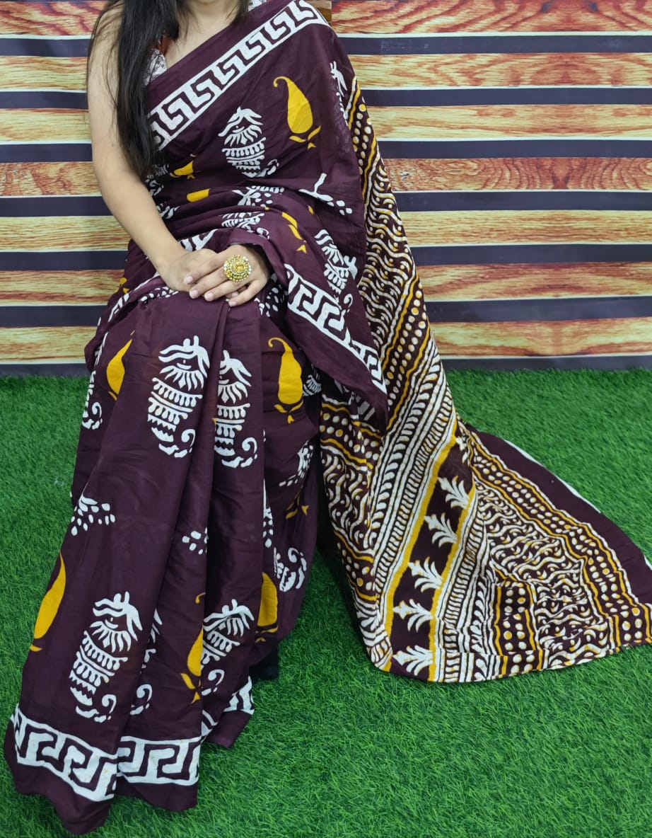 Premium Jaipur Cotton Mulmul Saree with Traditional Handblock Print