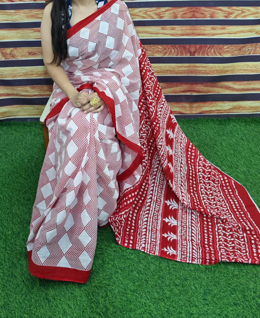 Premium Jaipur Cotton Mulmul Saree with Traditional Handblock Print