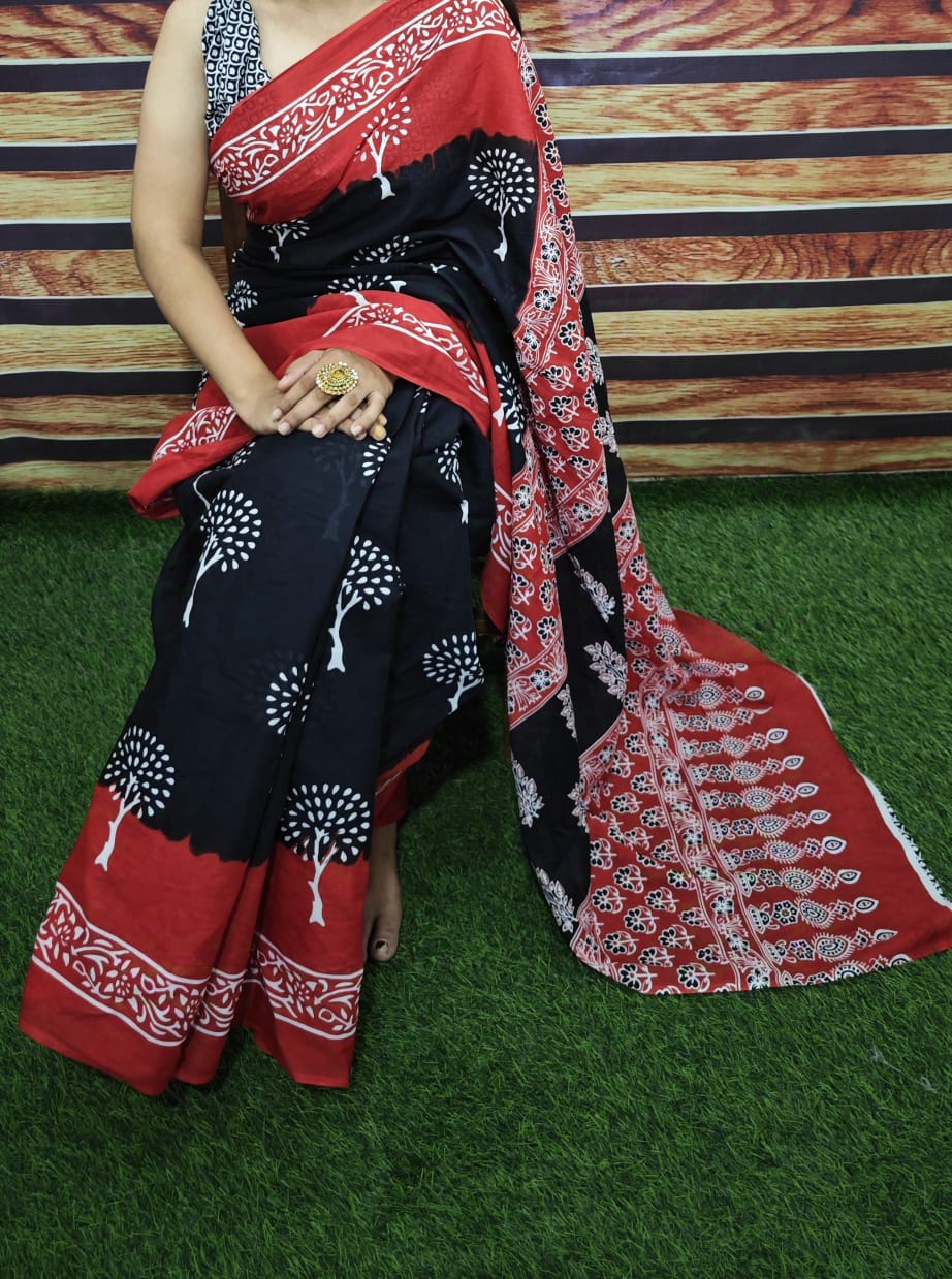 Premium Jaipur Cotton Mulmul Saree with Traditional Handblock Print