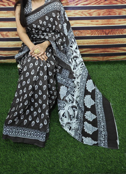 Premium Jaipur Cotton Mulmul Saree with Traditional Handblock Print