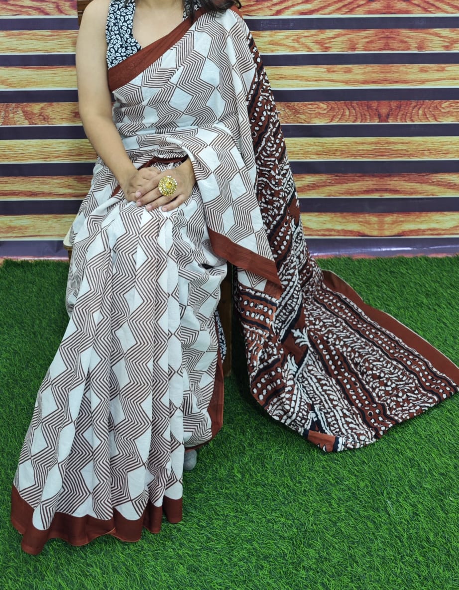 Premium Jaipur Cotton Mulmul Saree with Traditional Handblock Print