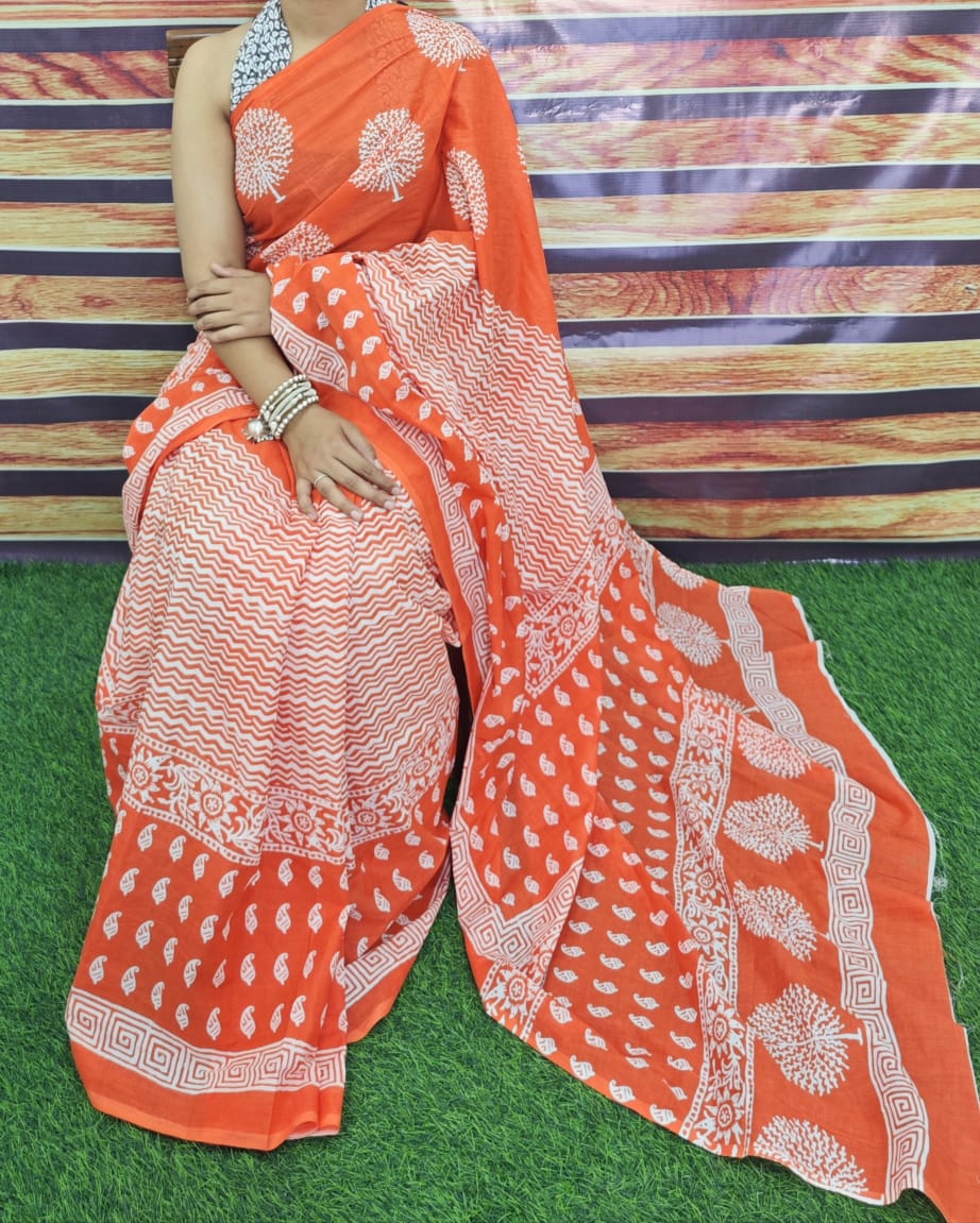 Premium Jaipur Cotton Mulmul Saree with Traditional Handblock Print