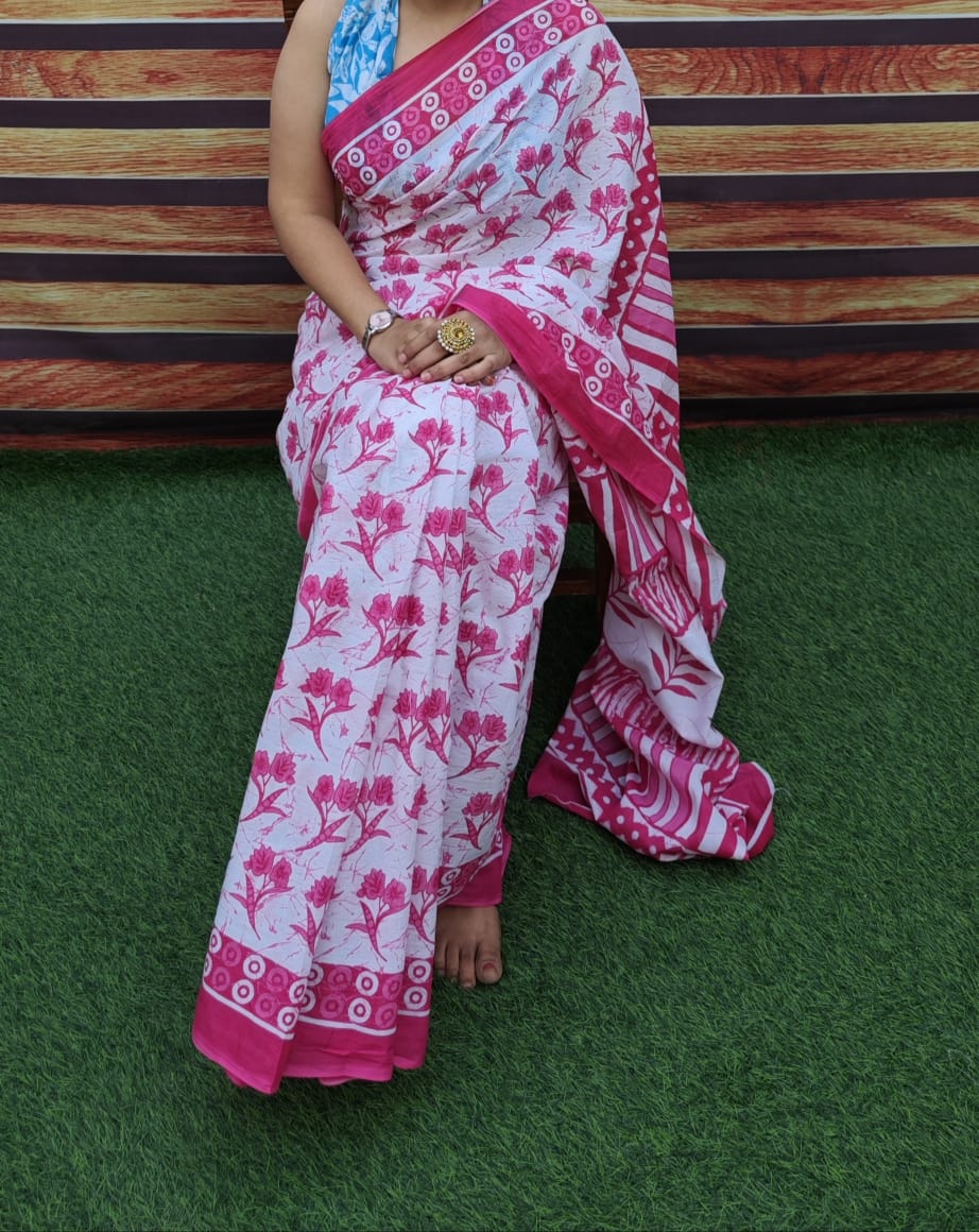 Premium Jaipur Cotton Mulmul Saree with Traditional Handblock Print