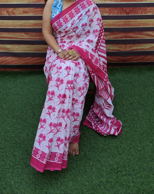 Premium Jaipur Cotton Mulmul Saree with Traditional Handblock Print