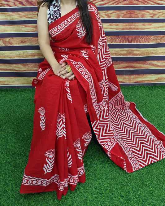 Premium Jaipur Cotton Mulmul Saree with Traditional Handblock Print