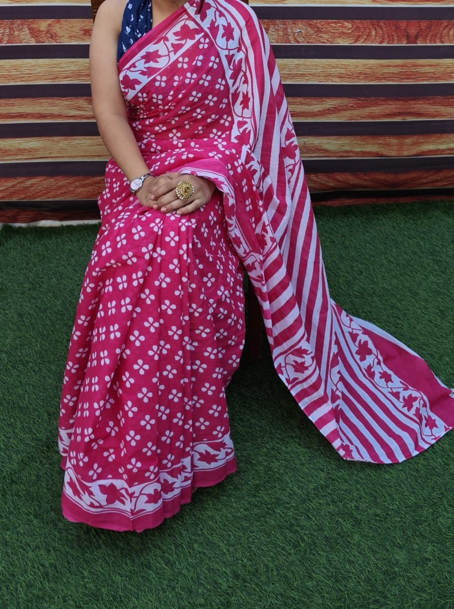Premium Jaipur Cotton Mulmul Saree with Traditional Handblock Print