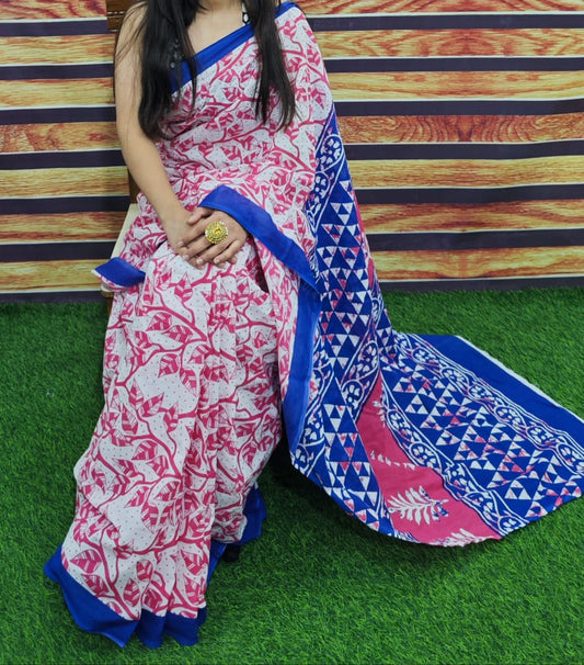 Premium Jaipur Cotton Mulmul Saree with Traditional Handblock Print