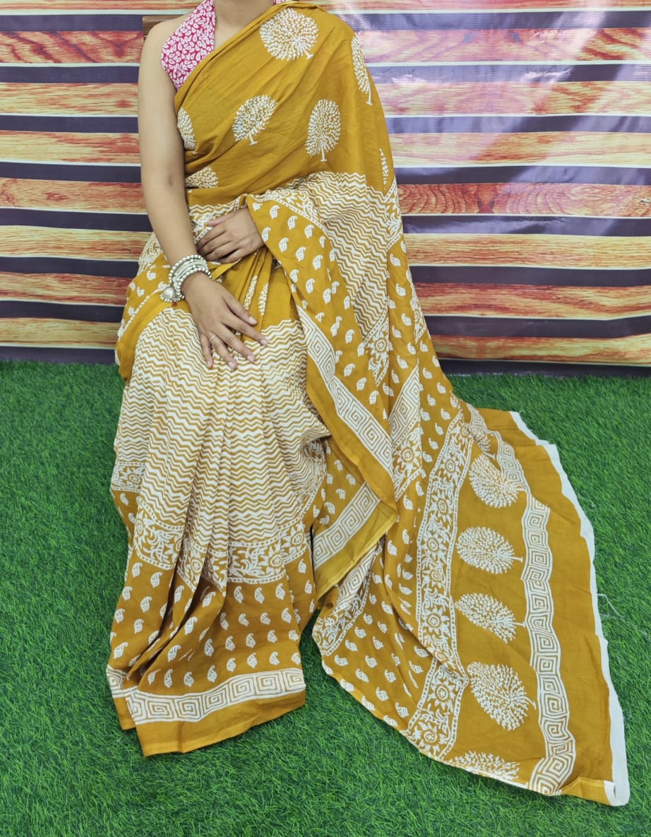 Premium Jaipur Cotton Mulmul Saree with Traditional Handblock Print