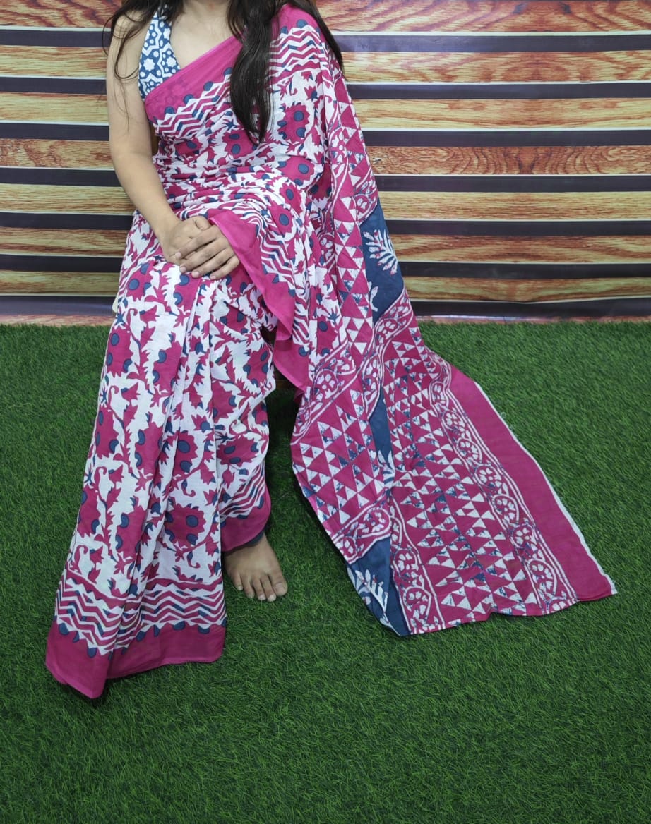 Premium Jaipur Cotton Mulmul Saree with Traditional Handblock Print