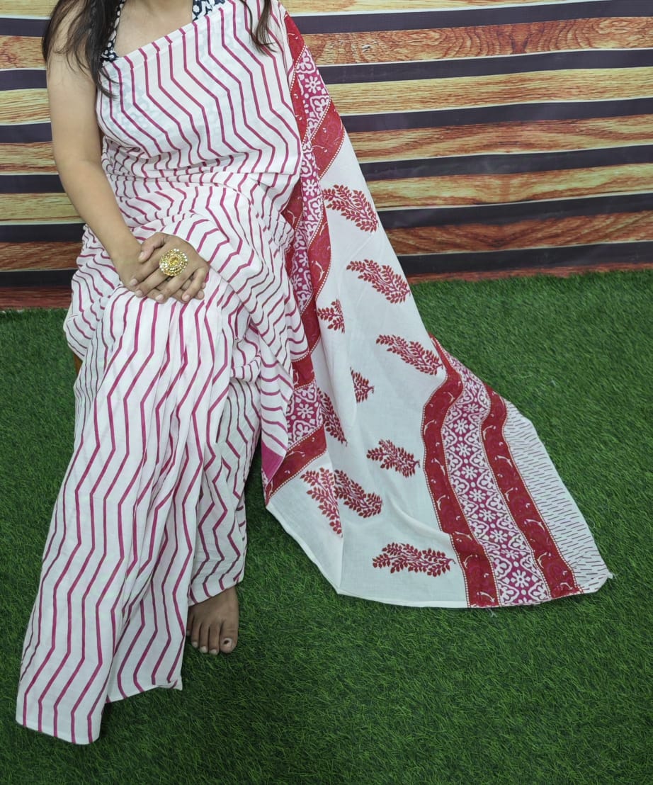 Premium Jaipur Cotton Mulmul Saree with Traditional Handblock Print