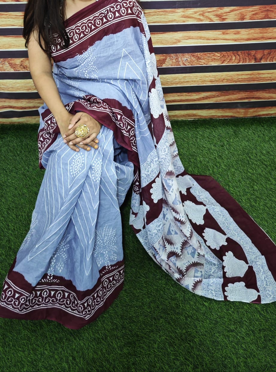 Premium Jaipur Cotton Mulmul Saree with Traditional Handblock Print
