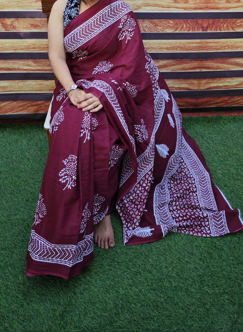 Premium Jaipur Cotton Mulmul Saree with Traditional Handblock Print
