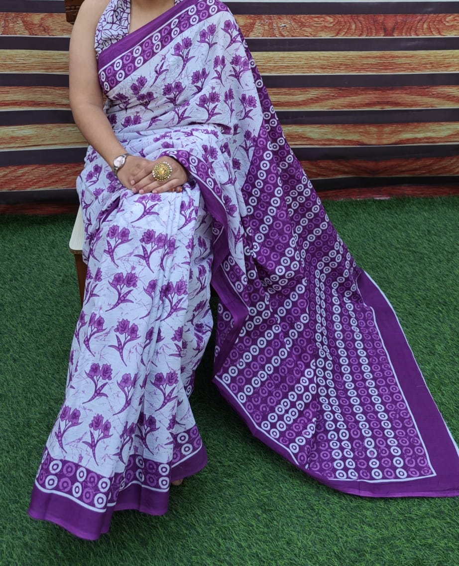Premium Jaipur Cotton Mulmul Saree with Traditional Handblock Print