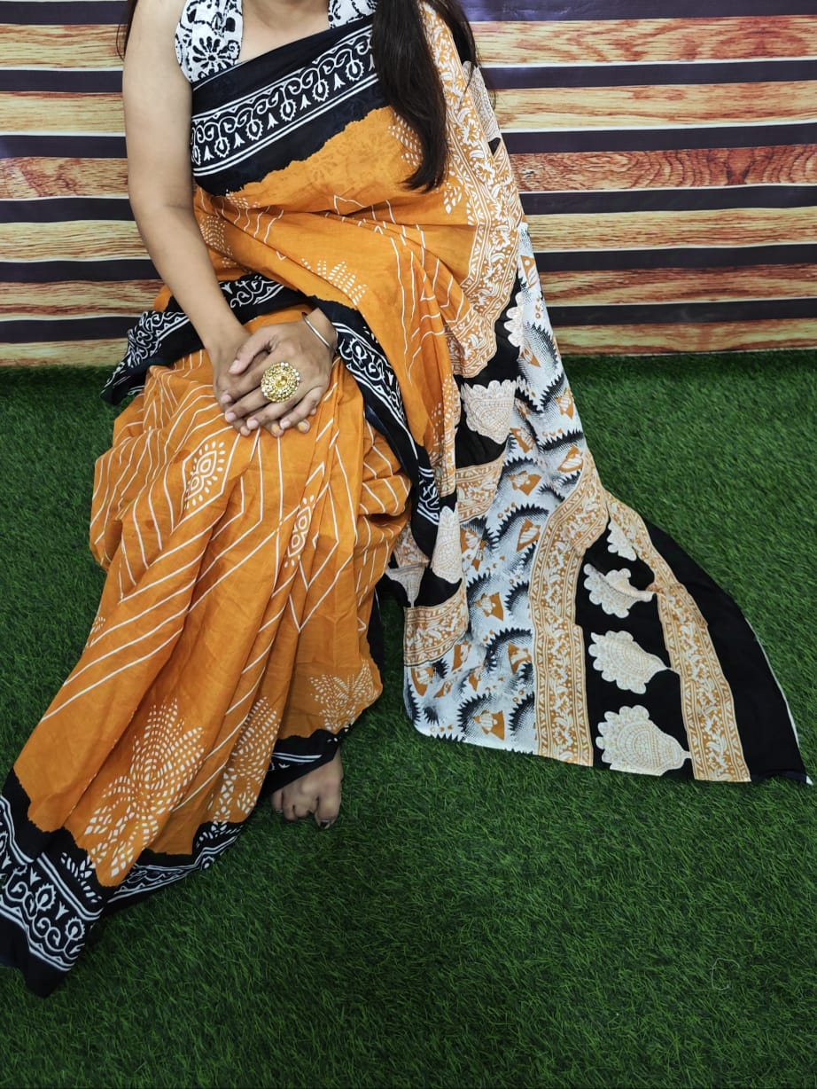Premium Jaipur Cotton Mulmul Saree with Traditional Handblock Print