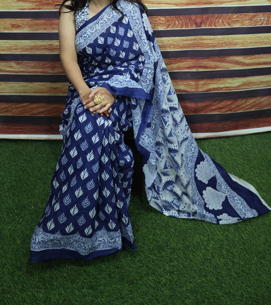Premium Jaipur Cotton Mulmul Saree with Traditional Handblock Print