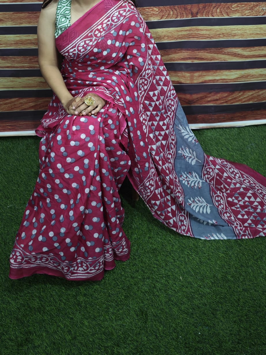 Premium Jaipur Cotton Mulmul Saree with Traditional Handblock Print