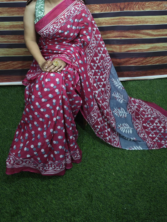 Premium Jaipur Cotton Mulmul Saree with Traditional Handblock Print
