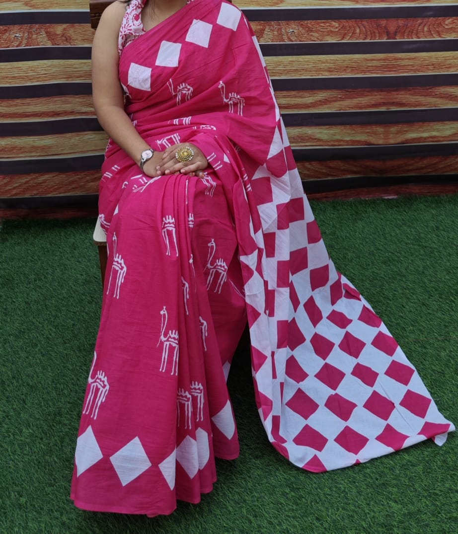 Soft Mulmul Cotton Saree with Jaipuri Ethnic Print