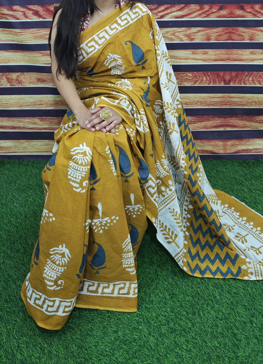 Premium Jaipur Cotton Mulmul Saree with Traditional Handblock Print