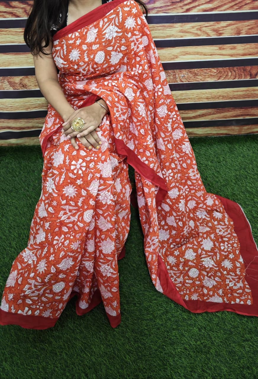 Premium Jaipur Cotton Mulmul Saree with Traditional Handblock Print