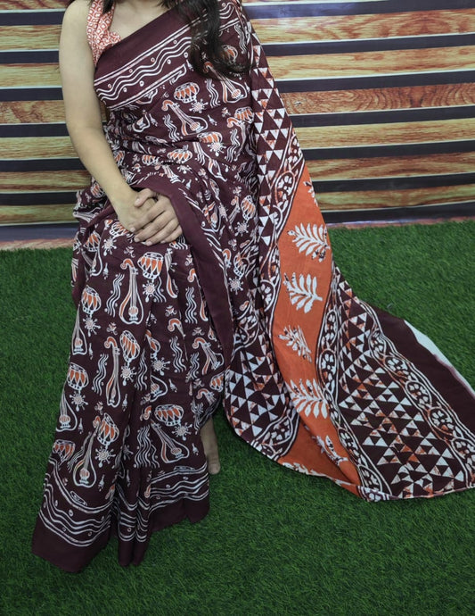 Premium Jaipur Cotton Mulmul Saree with Traditional Handblock Print