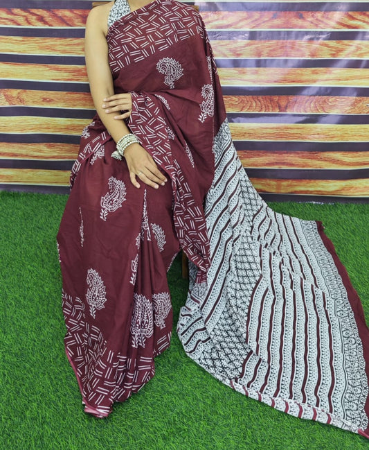 Premium Jaipur Cotton Mulmul Saree with Traditional Handblock Print