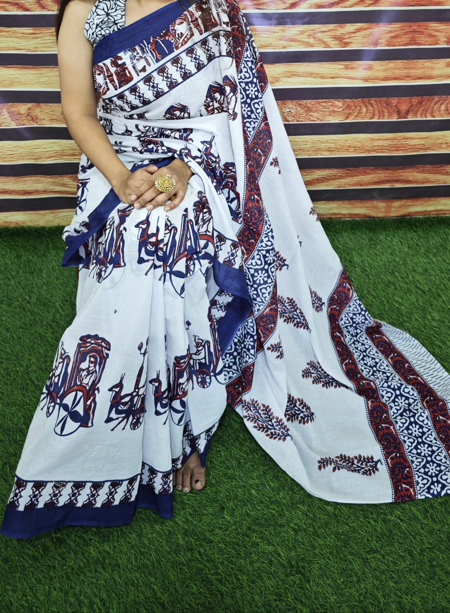 Premium Jaipur Cotton Mulmul Saree with Traditional Handblock Print