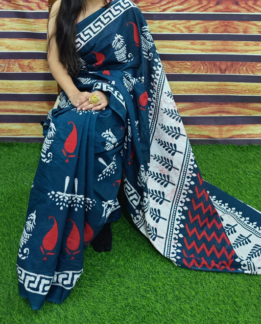 Premium Jaipur Cotton Mulmul Saree with Traditional Handblock Print