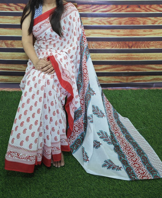 Premium Jaipur Cotton Mulmul Saree with Traditional Handblock Print
