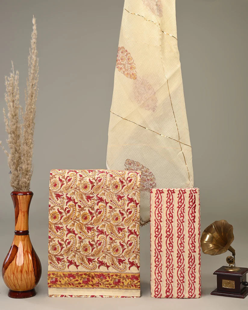 Golden Red Print Kota Doriya Lace Dupatta Suit