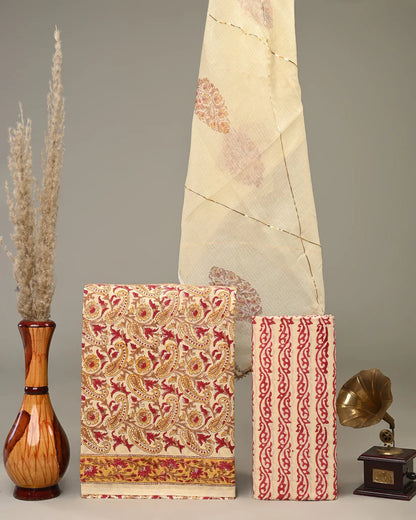 Golden Red Print Kota Doriya Lace Dupatta Suit