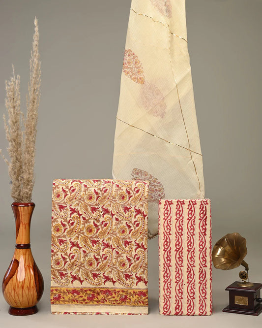 Golden Red Print Kota Doriya Lace Dupatta Suit