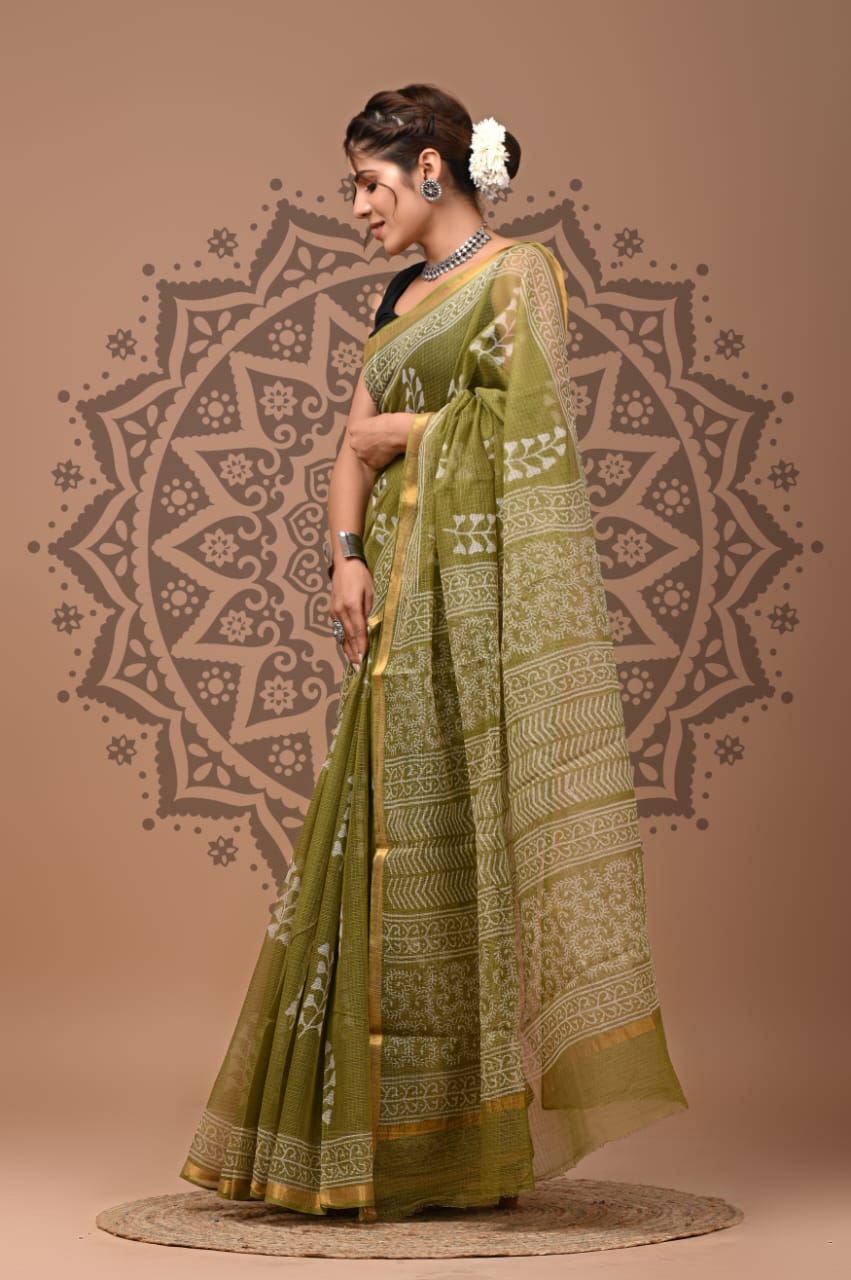Olive Elegance Geometric Cotton Kota Doria Saree