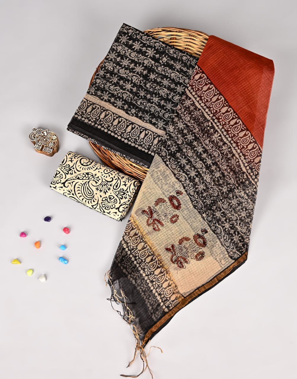 Golden Red Print Kota Doriya Lace Dupatta Suit