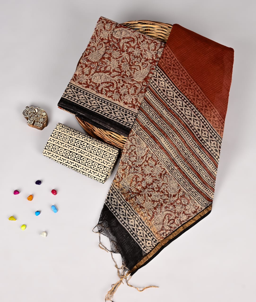 Golden Red Print Kota Doriya Lace Dupatta Suit