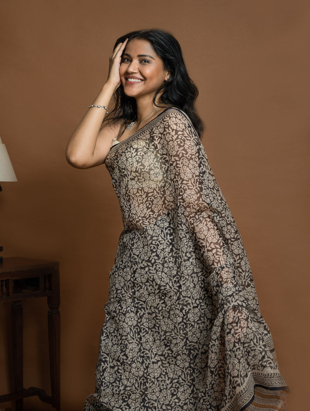 Light & Breezy. Sanganeri Hand Block Printed Kota Doria - Black Floral