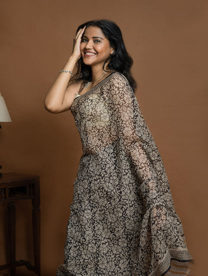 Light & Breezy. Sanganeri Hand Block Printed Kota Doria - Black Floral
