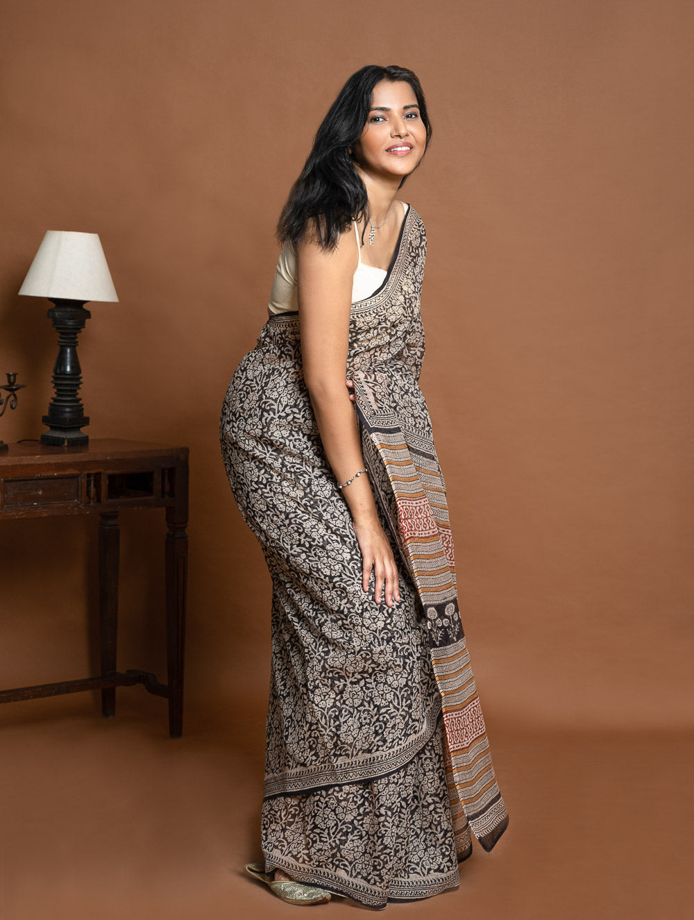 Light & Breezy. Sanganeri Hand Block Printed Kota Doria - Black Floral