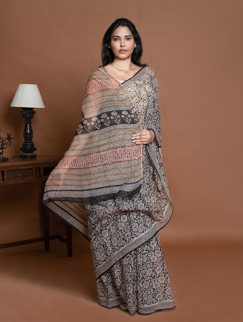 Light & Breezy. Sanganeri Hand Block Printed Kota Doria - Black Floral