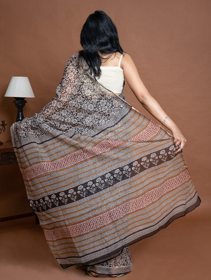 Light & Breezy. Sanganeri Hand Block Printed Kota Doria - Black Floral