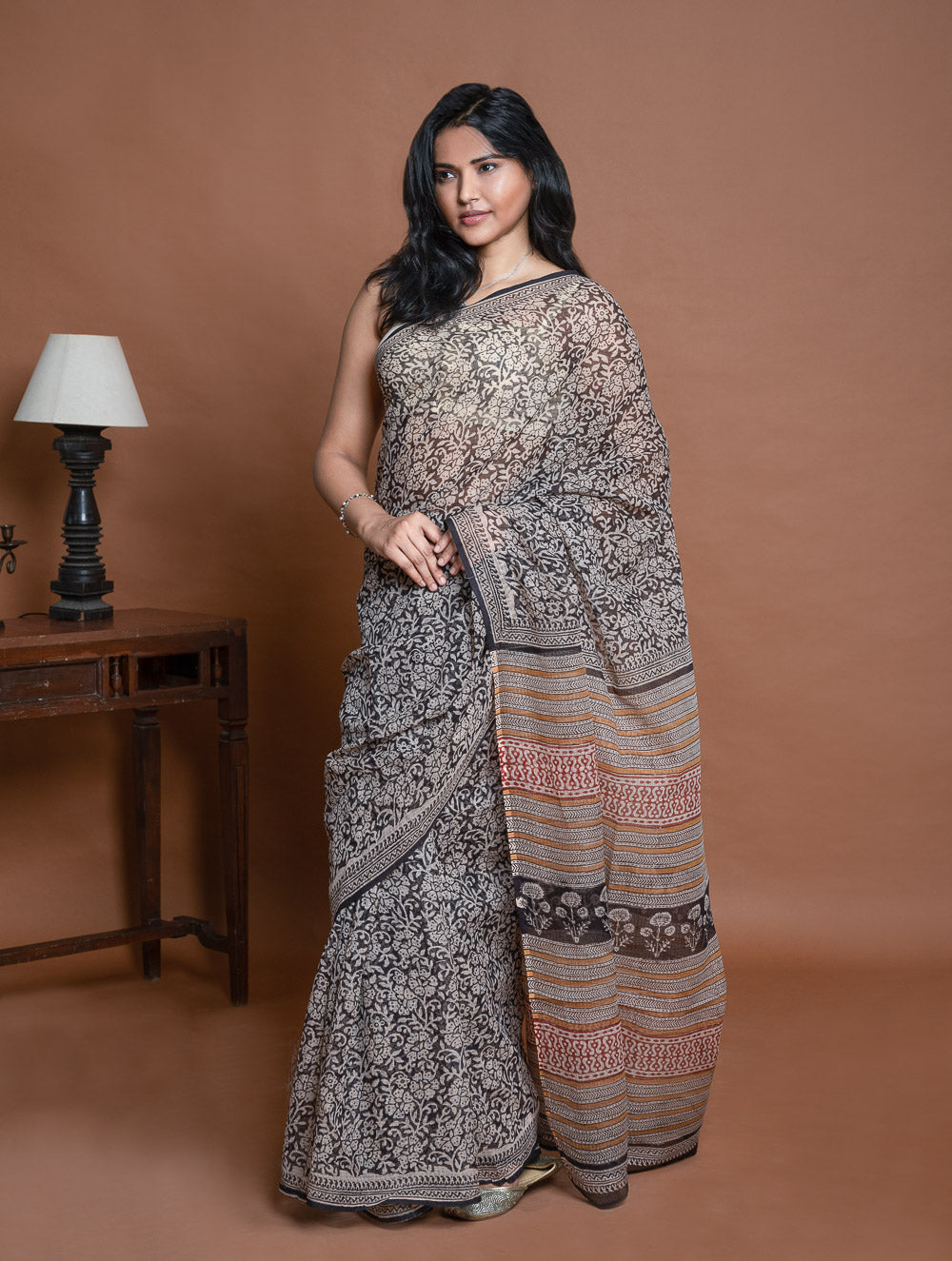 Light & Breezy. Sanganeri Hand Block Printed Kota Doria - Black Floral