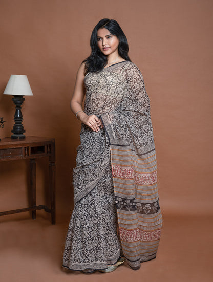 Light & Breezy. Sanganeri Hand Block Printed Kota Doria - Black Floral