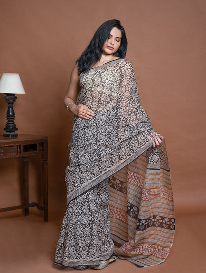 Light & Breezy. Sanganeri Hand Block Printed Kota Doria - Black Floral
