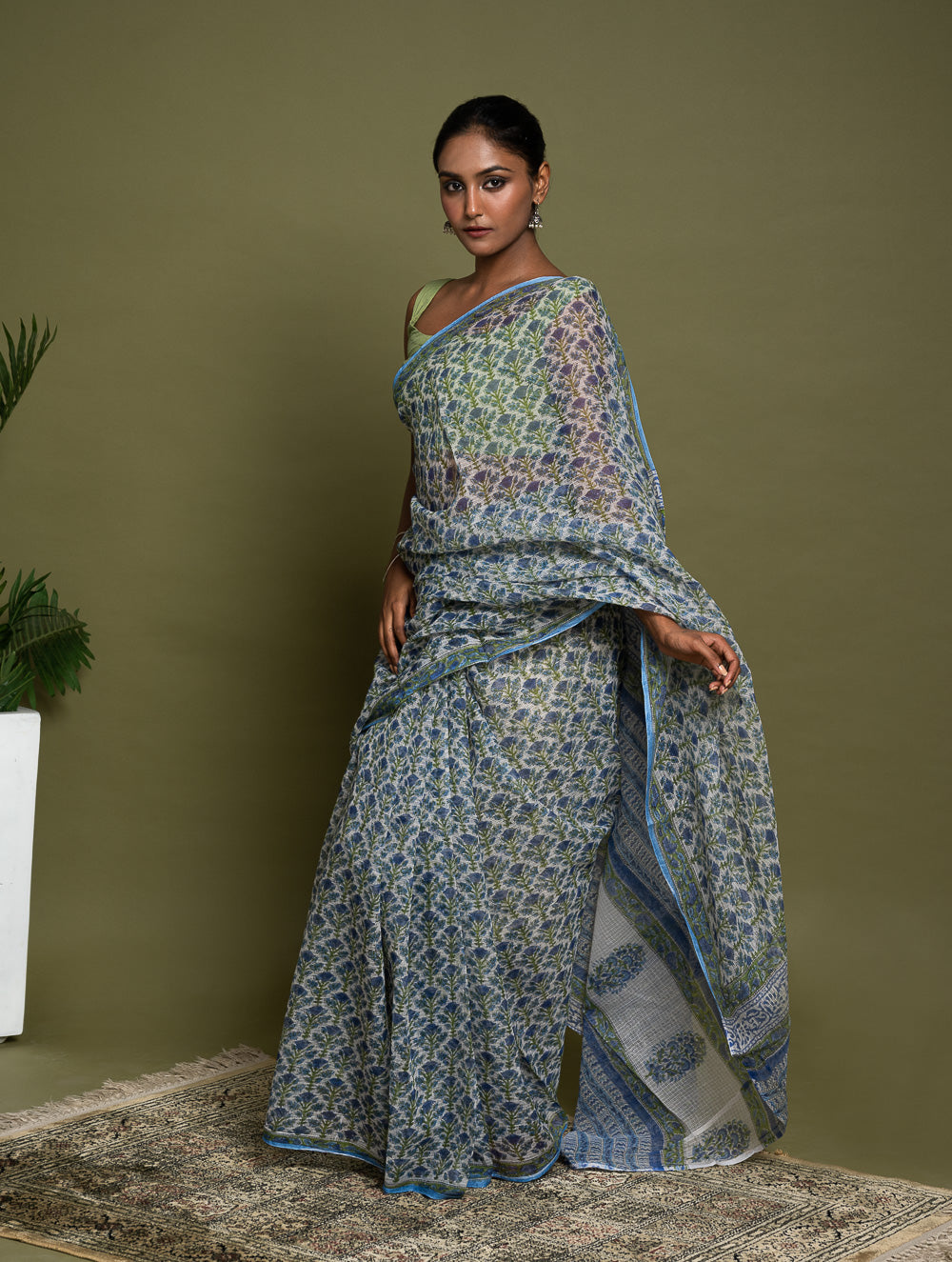 Light & Breezy. Sanganeri Hand Block Printed Kota Doria - Blue Flora
