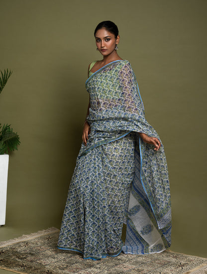 Light & Breezy. Sanganeri Hand Block Printed Kota Doria - Blue Flora
