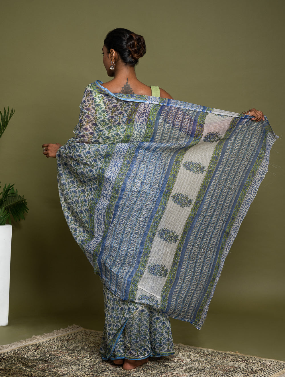 Light & Breezy. Sanganeri Hand Block Printed Kota Doria - Blue Flora