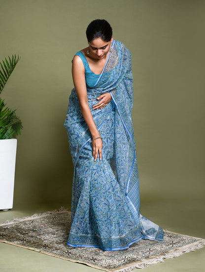 Light & Breezy. Sanganeri Hand Block Printed Kota Doria - Floral Blue