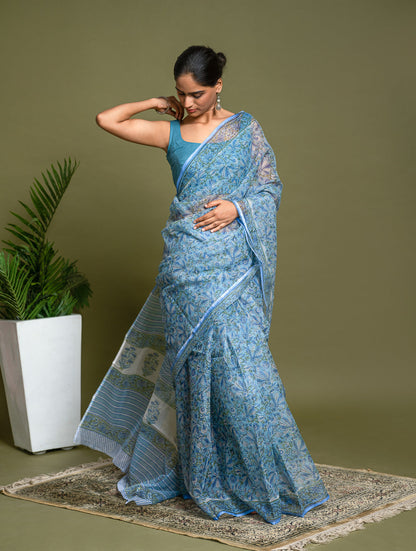 Light & Breezy. Sanganeri Hand Block Printed Kota Doria - Floral Blue